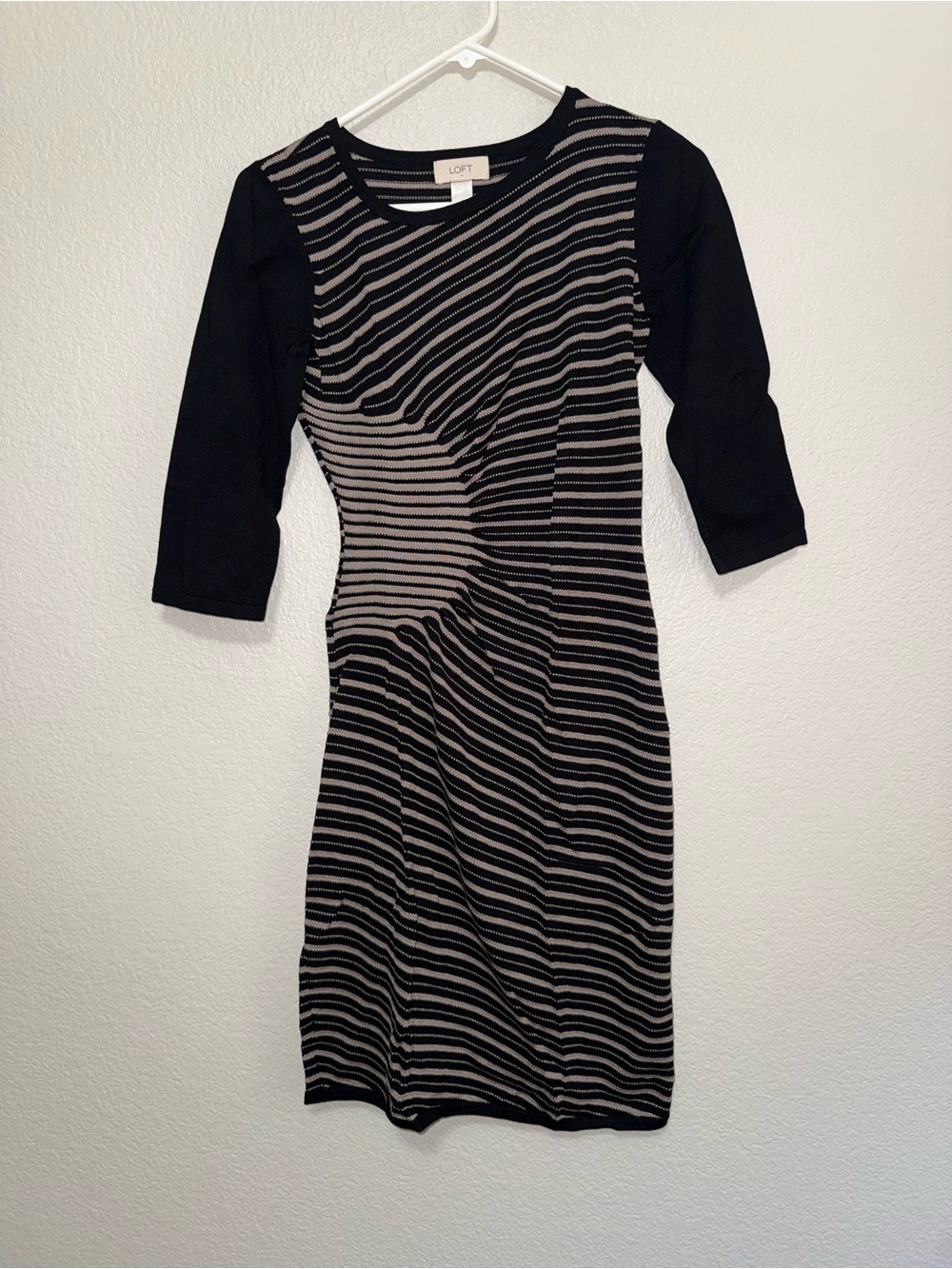 LOFT Ann Taylor Black and Taupe Striped Ruched Sheath Dress